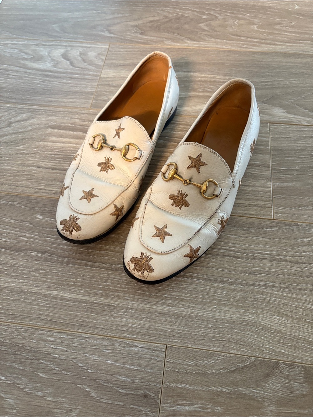 Gucci White Leather Horsebit Loafers with Gold Embroidered Stars & Bees